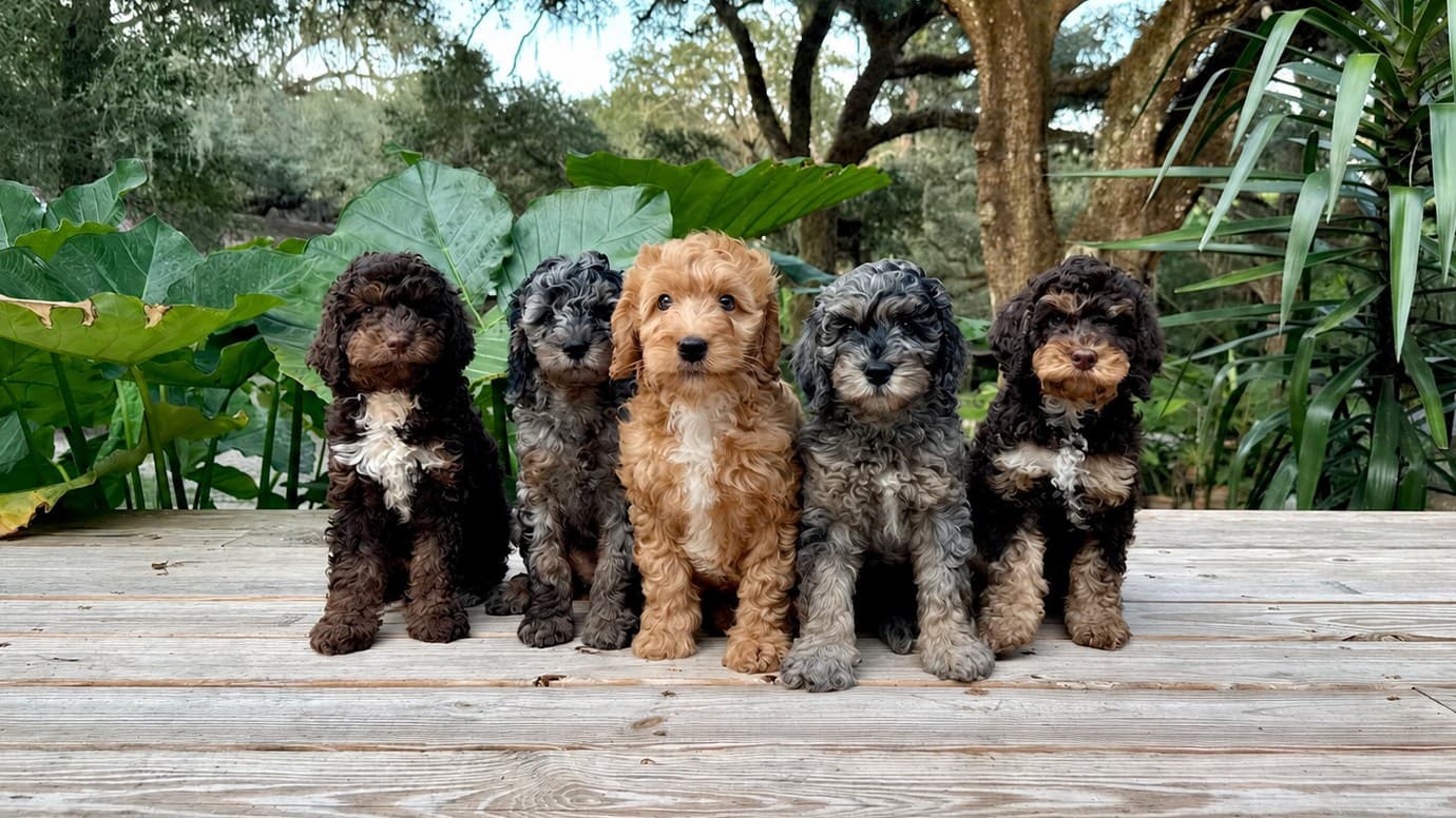 Five Bernedoodle puppies sitting in a row on boardwalk planks